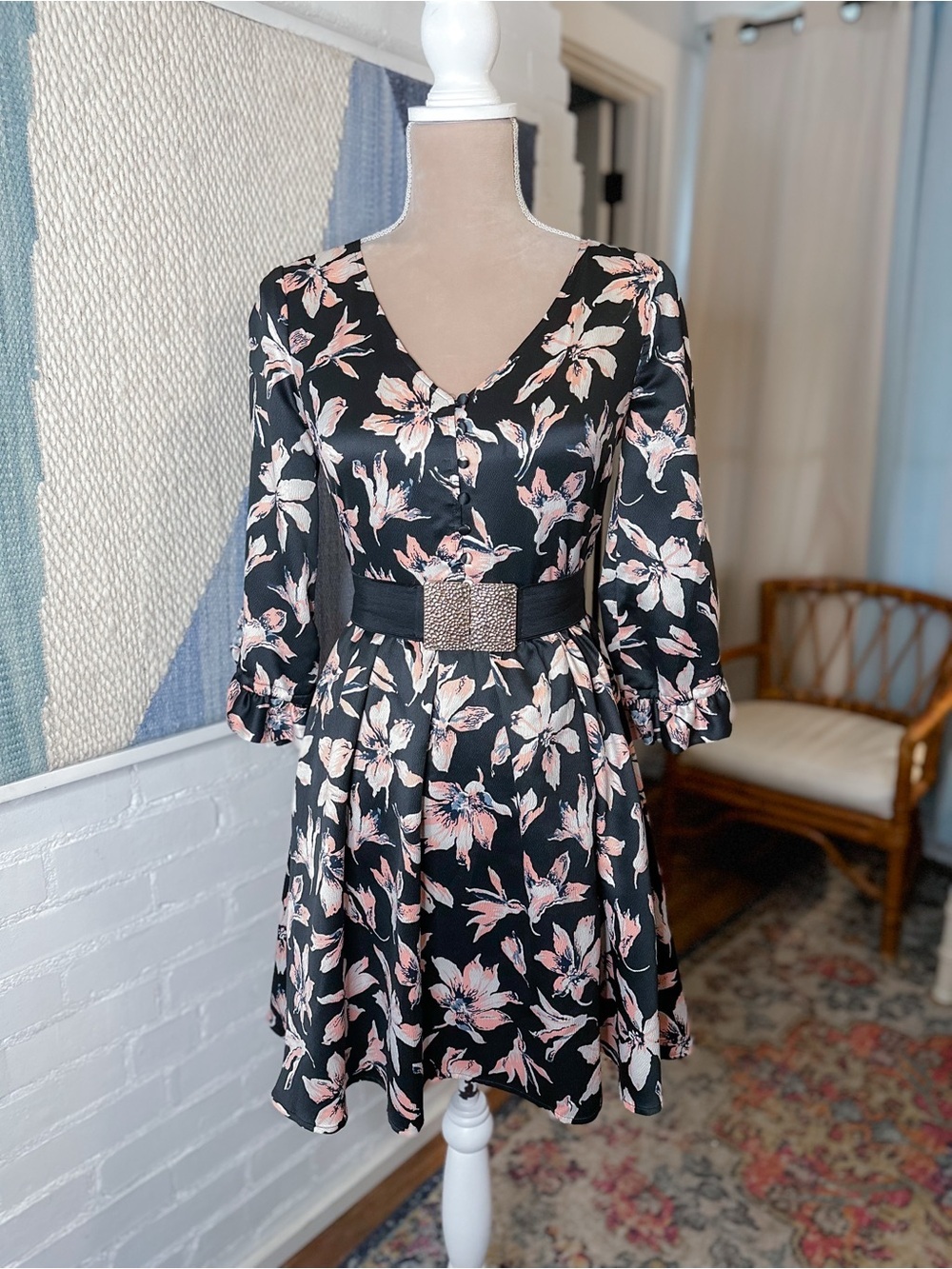 Madewell Black and Pink Floral Ruffle Sleeve Dress